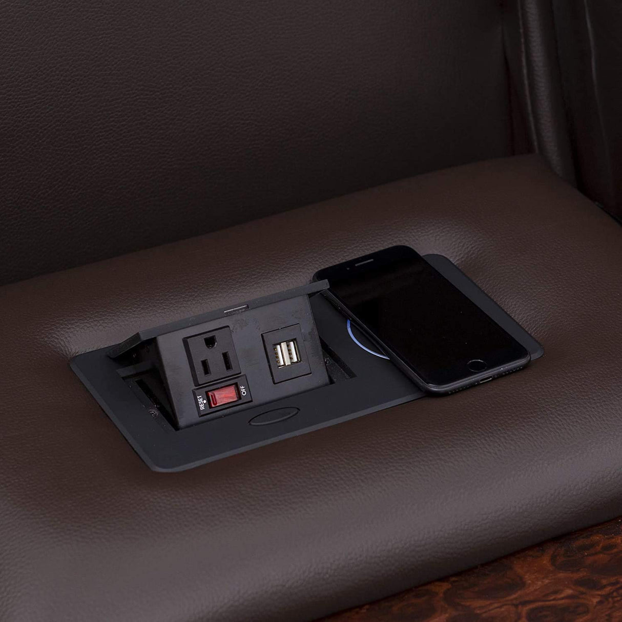 Seatcraft Vienna Home Theater Seating - Living Room - Italian Leather - Power Recline - Power Headrest - Powered Lumbar - AC USB Charging - Cup Holders - (Sofa with Fold Down Table, Brown) Seatcraft