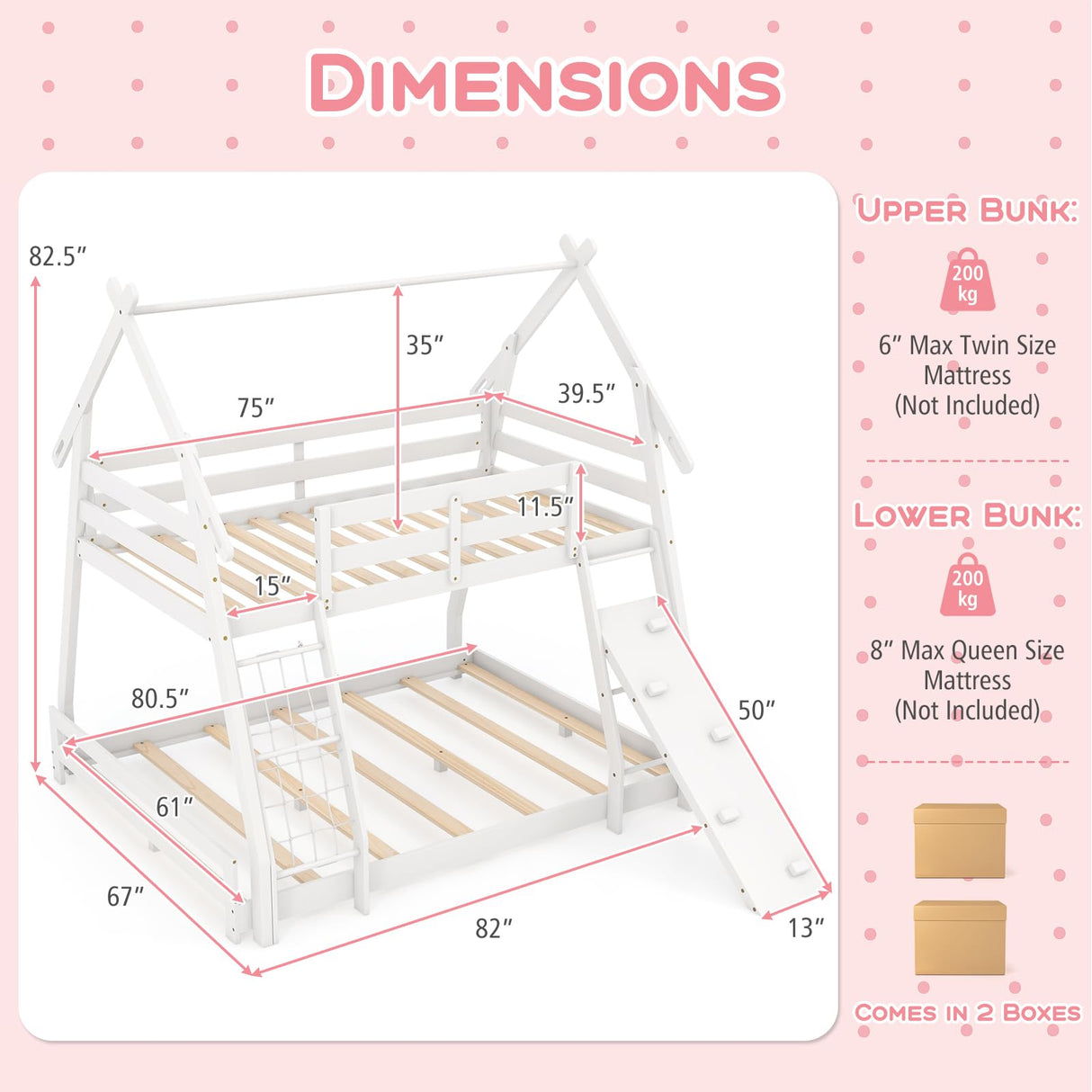 Costzon House-Shaped Twin Over Queen Bunk Bed with Climbing Nets and Ramp - White Wooden Kids Bed Costzon