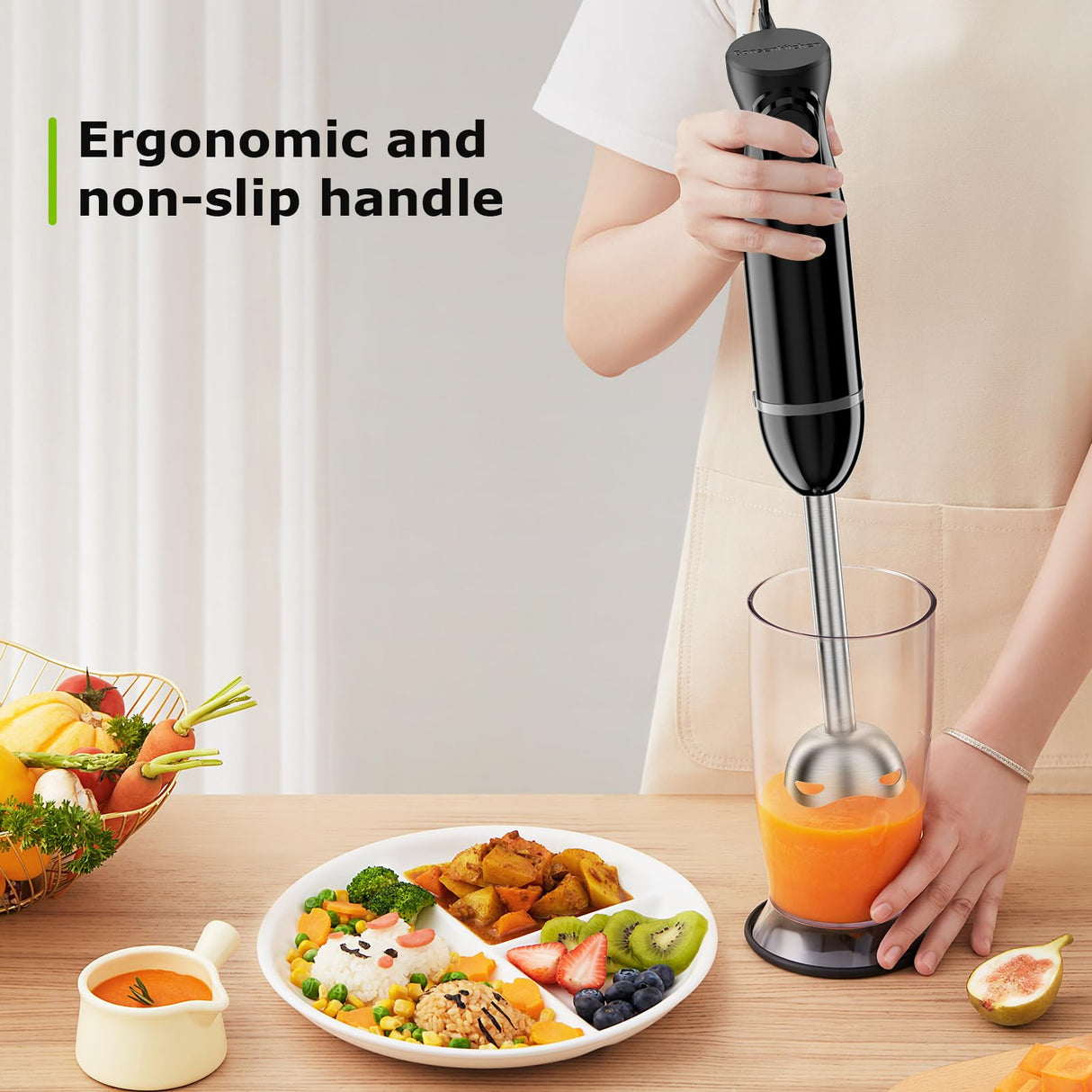 Bonsenkitchen Hand Blender, Immersion Blender with 2 Mixing Speed, Electric Handheld Blender Portable Stick Mixer with Stainless Steel Blades for Soup, Smoothie, Puree, Baby Food Bonsenkitchen