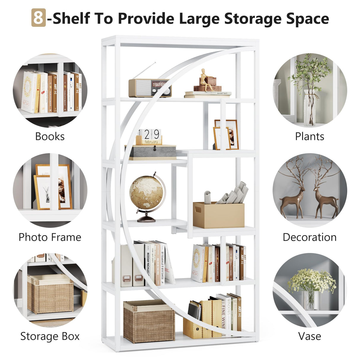 Tribesigns Bookshelf, Modern 5-Tier Etagere Bookcase, 70.8 inch Tall Bookshelf with 8 Open Storage Shelf, Book Shelf Display Tack Shelving Unit for Home Office Living Room, White Tribesigns