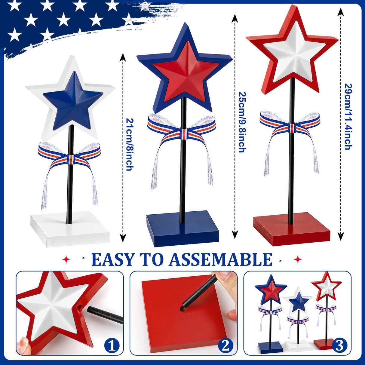 3 Pieces 4th of July Tiered Tray Decor Wood Star Set, Memorial Day Table Decorations, Rustic Patriotic Table Decorations, Red White and Blue Decorations for Home Tables(Classic) Sereliy