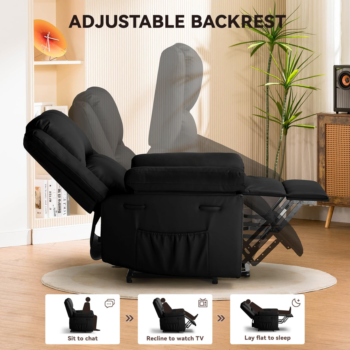 COMHOMA Power Lift Recliner for Elderly, Lift Chair with Heat and Massage,PU Recliner Sofa with 2 Side Pockets and Infinite Position for Living Room, Black COMHOMA