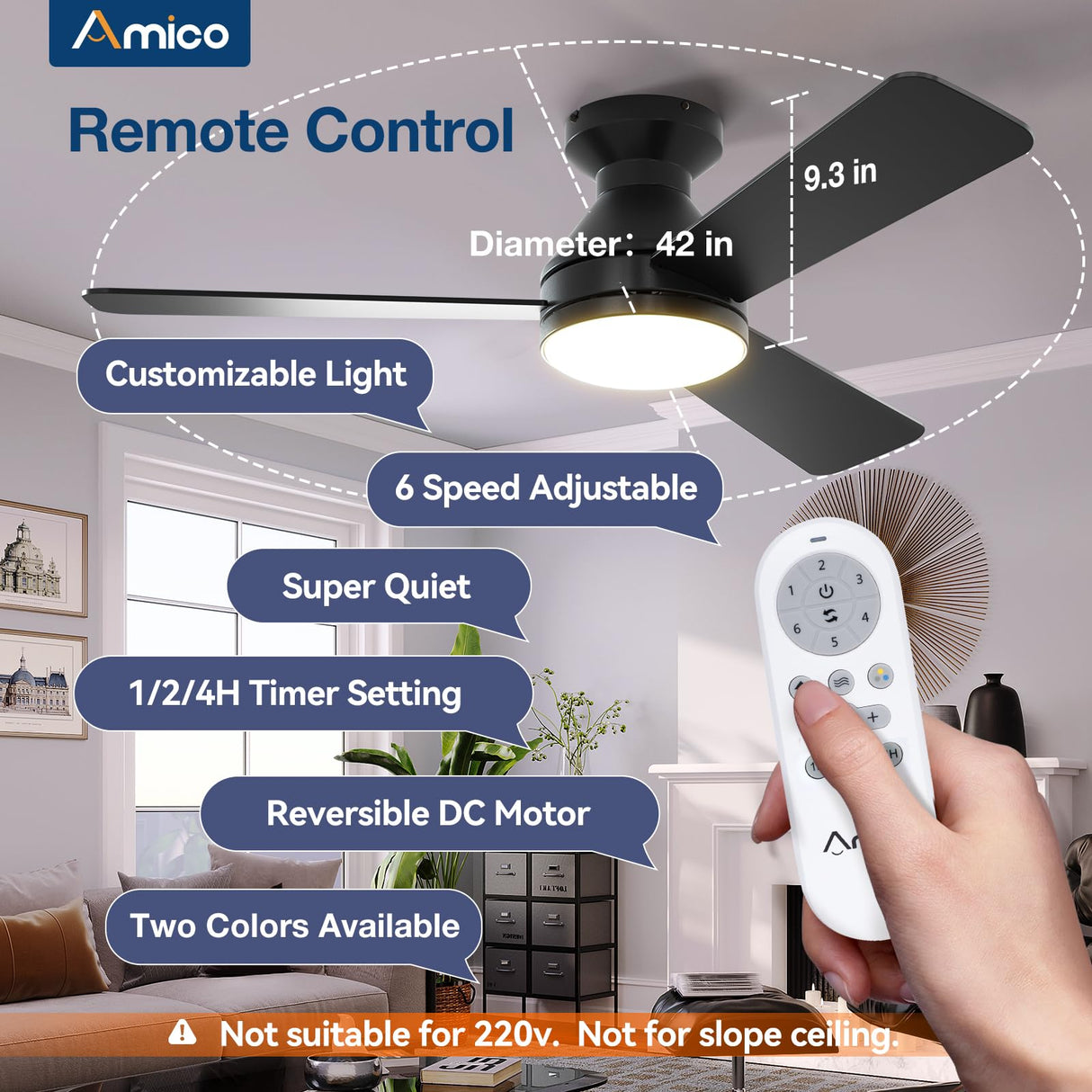 Amico Ceiling Fans with Lights, 42 inch Low Profile Ceiling Fan with Light and Remote Control, Flush Mount, Reversible, 3CCT, Dimmable, Noiseless, Black Ceiling Fan for Bedroom, Indoor/Outdoor Use Amico