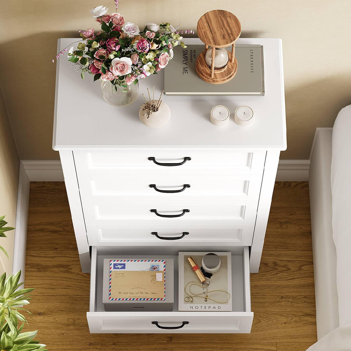 Gizoon 5 Drawer Dresser, White Wood Chest of Drawers for Bedroom, 43.3" Large Capacity Storage Cabinet with Anti-Tip Device, for Clothes, Living Room, Hallway, Office Gizoon