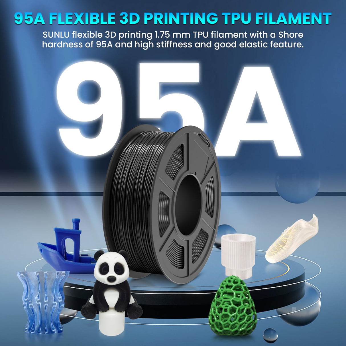 SUNLU TPU Filament 1.75mm Flexible 3D Printer Filament 1KG, 95A Soft 3D Printing Filament fit Most FDM 3D Printers, Dimensional Accuracy +/- 0.03mm, 95A Flexible Filament TPU, 1kg (2.2lbs), Black SUNLU