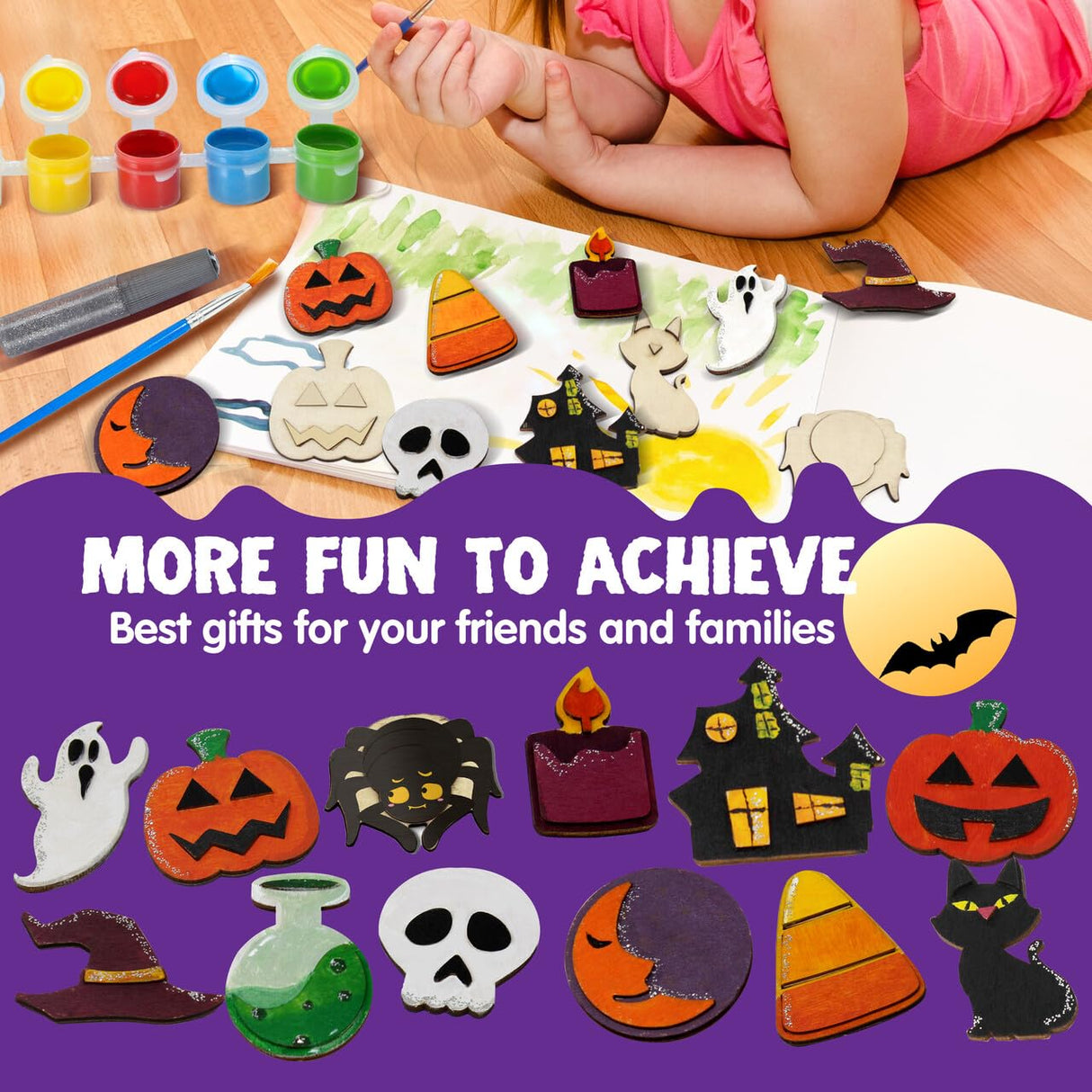 JOYIN 12 Pcs Halloween Wood Craft Kit, Wooden Magnet Creativity Arts Painting Kit, DIY Halloween Painting Craft for Kids Party Supplies, Toddler Party Favors Family School Activities JOYIN