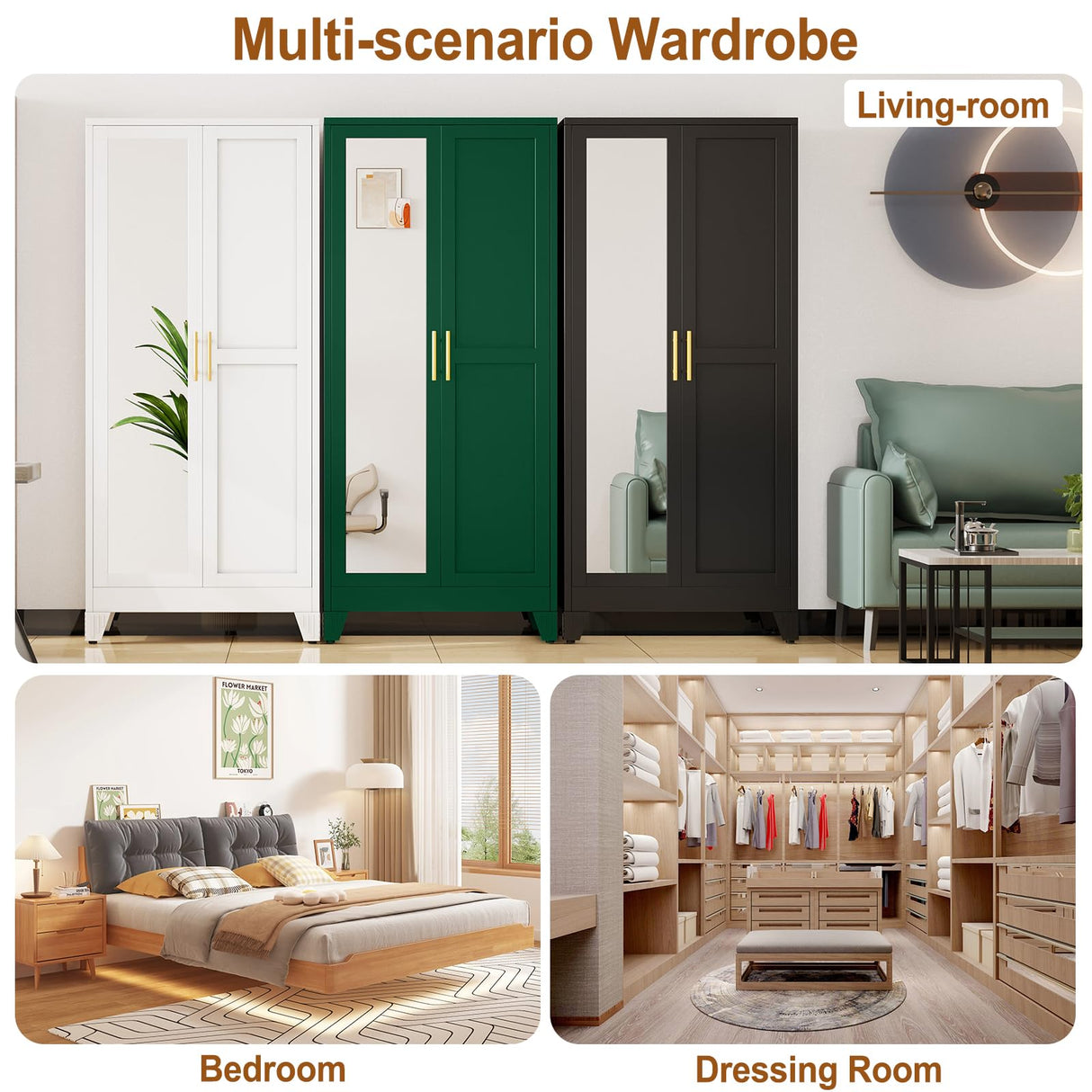 baoliwo Metal Armoire Wardrobe Closet Storage Cabinet with Mirror, 71'' Wardrobe Cabinet with Hanging Rod Metal Closet with 2 Adjustable Shelves for Bedroom, Laundry Room, Cloak Room baoliwo