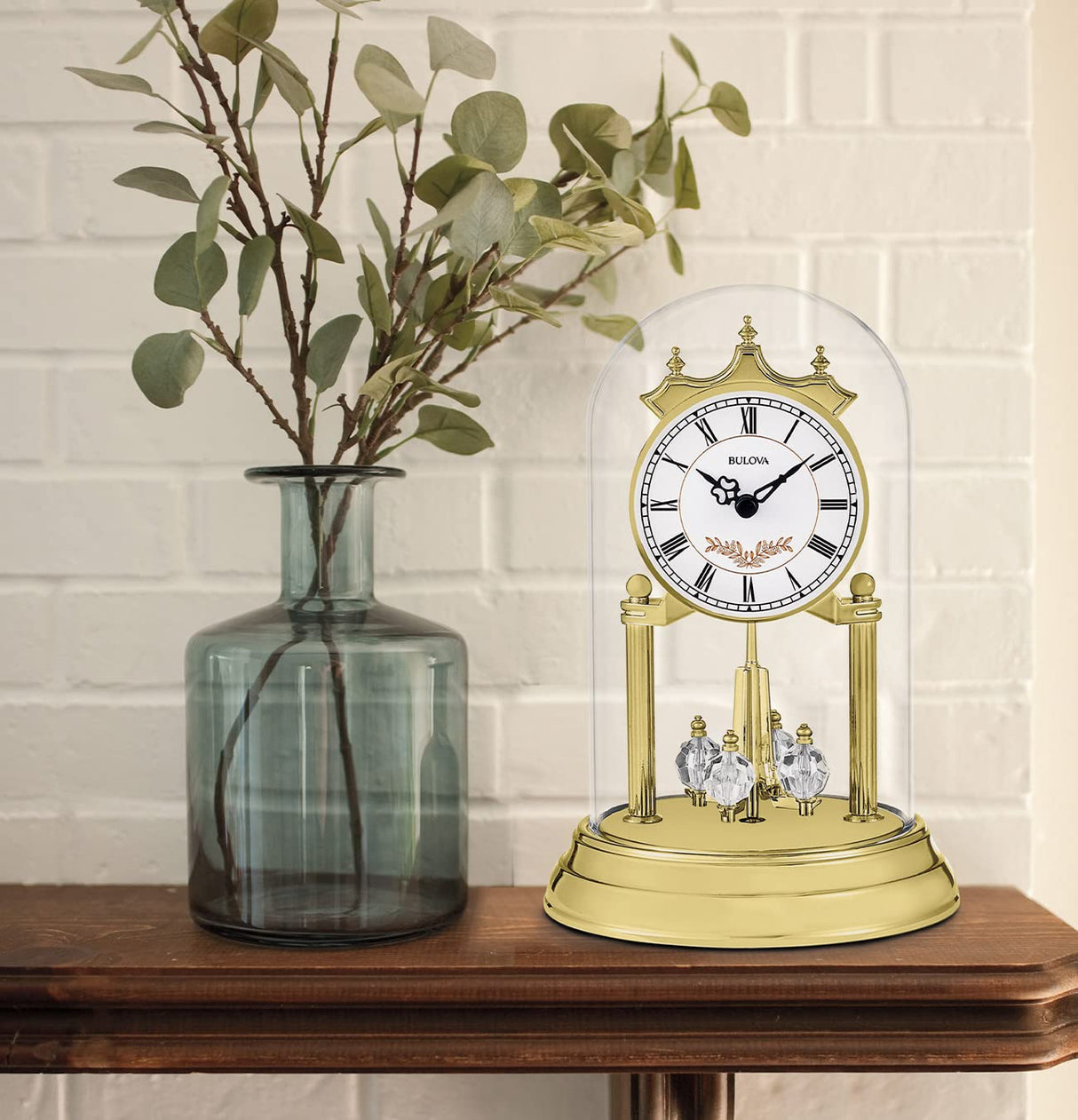 Bulova B8821 Heather Anniversary Clock | 9" Glass Dome Design | Rotating Crystal Pendulum | Westminster Chime | Engraving Plate Bulova