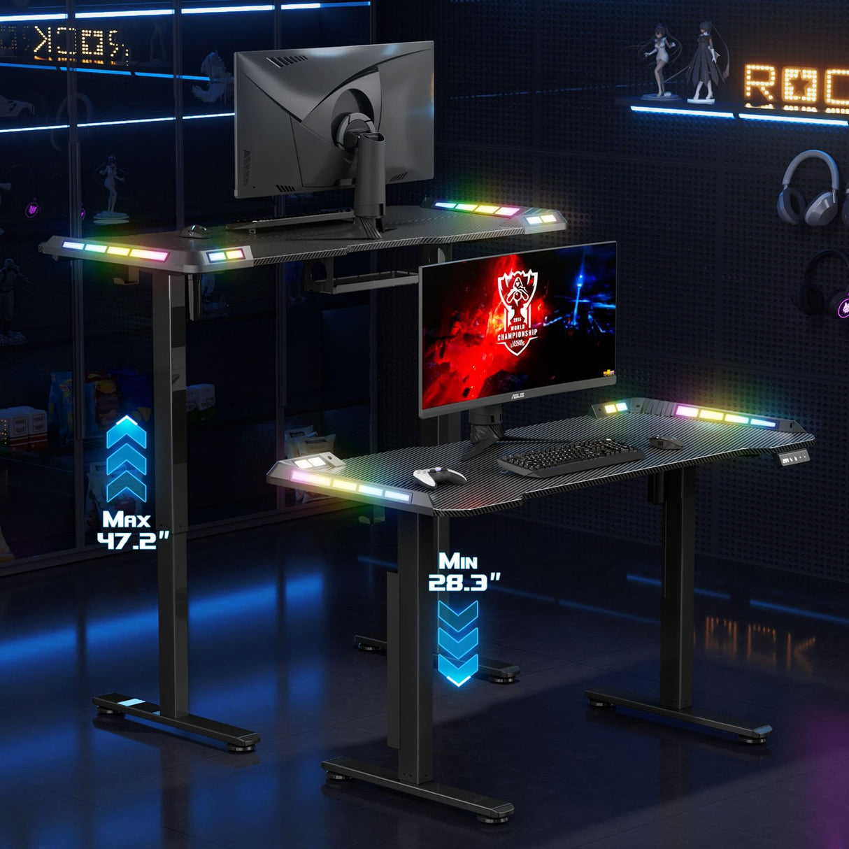 Flycity Gaming Standing Desk with LED Lights & APP Control, 48" x 24" Gaming Table with Music Sensing, Underdesk Cable Storage Electric Standing Desk, Black Carbon Fiber PC Desk for Home Office Flycity