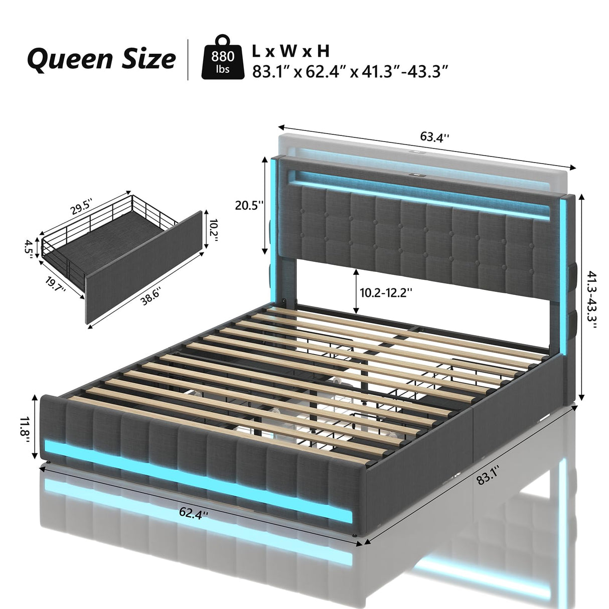 CSZZD Dark Grey Queen Bed Frame with LED Lights, Charging Station & 4 Storage Drawers CSZZD