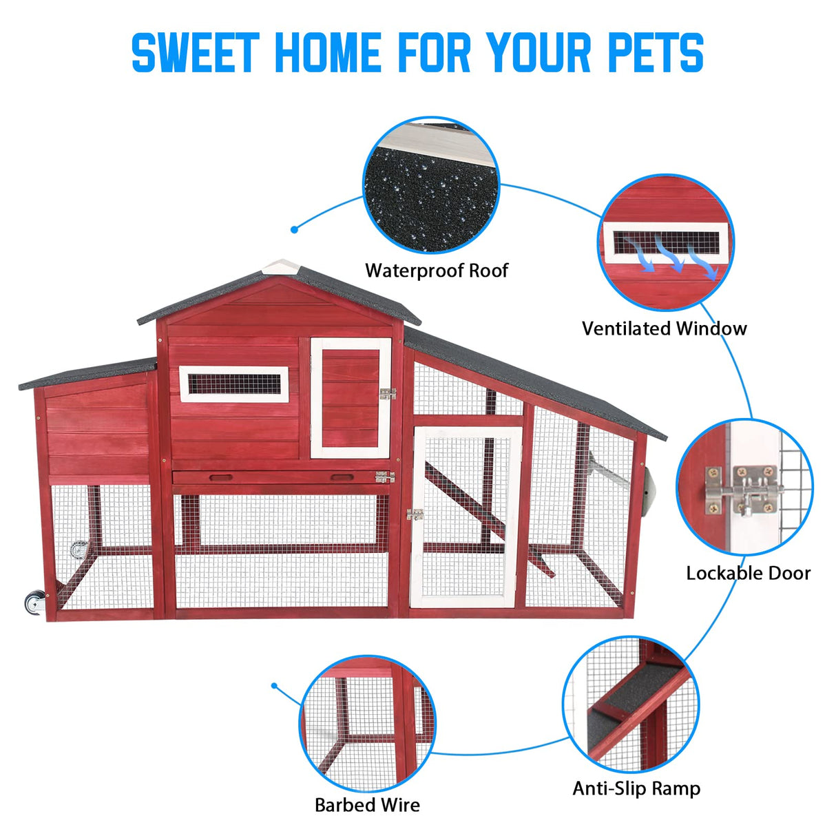 PetsCosset Chicken Coop Wooden Backyard Hen House - Indoor Outdoor for 2-3 Chickens, 2 Story Poultry Cage with Run, Chicken Nesting Box, Pull Out Trays and Anti-Slip Asphalt Ramp PetsCosset
