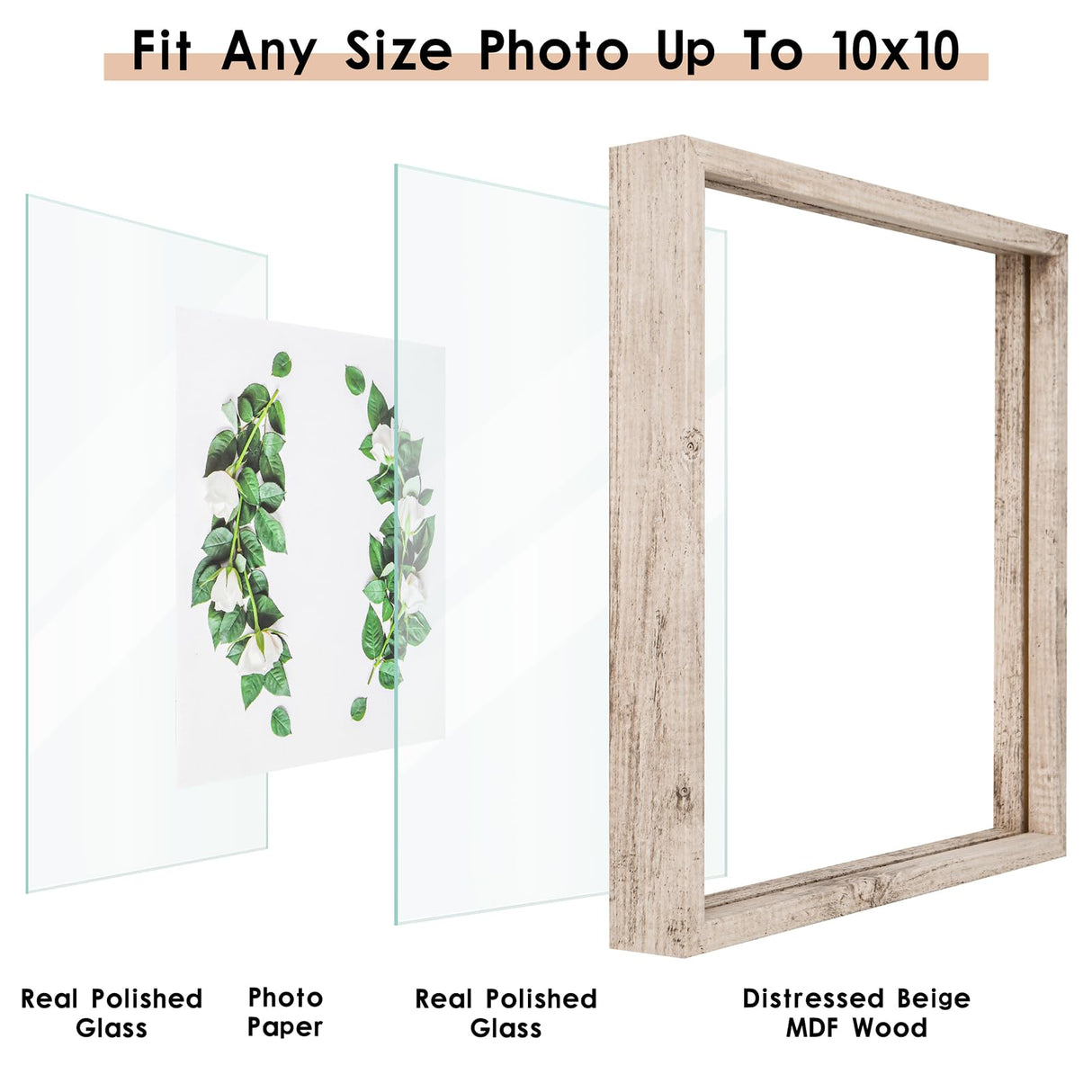 MUYE 10x10 Floating Frame Distressed Beige White Wood Pattern,Double Glass Square Picture Frame Display Any Size Photo up to 10x10,Wall Mount or Tabletop,2 Pack MUYE