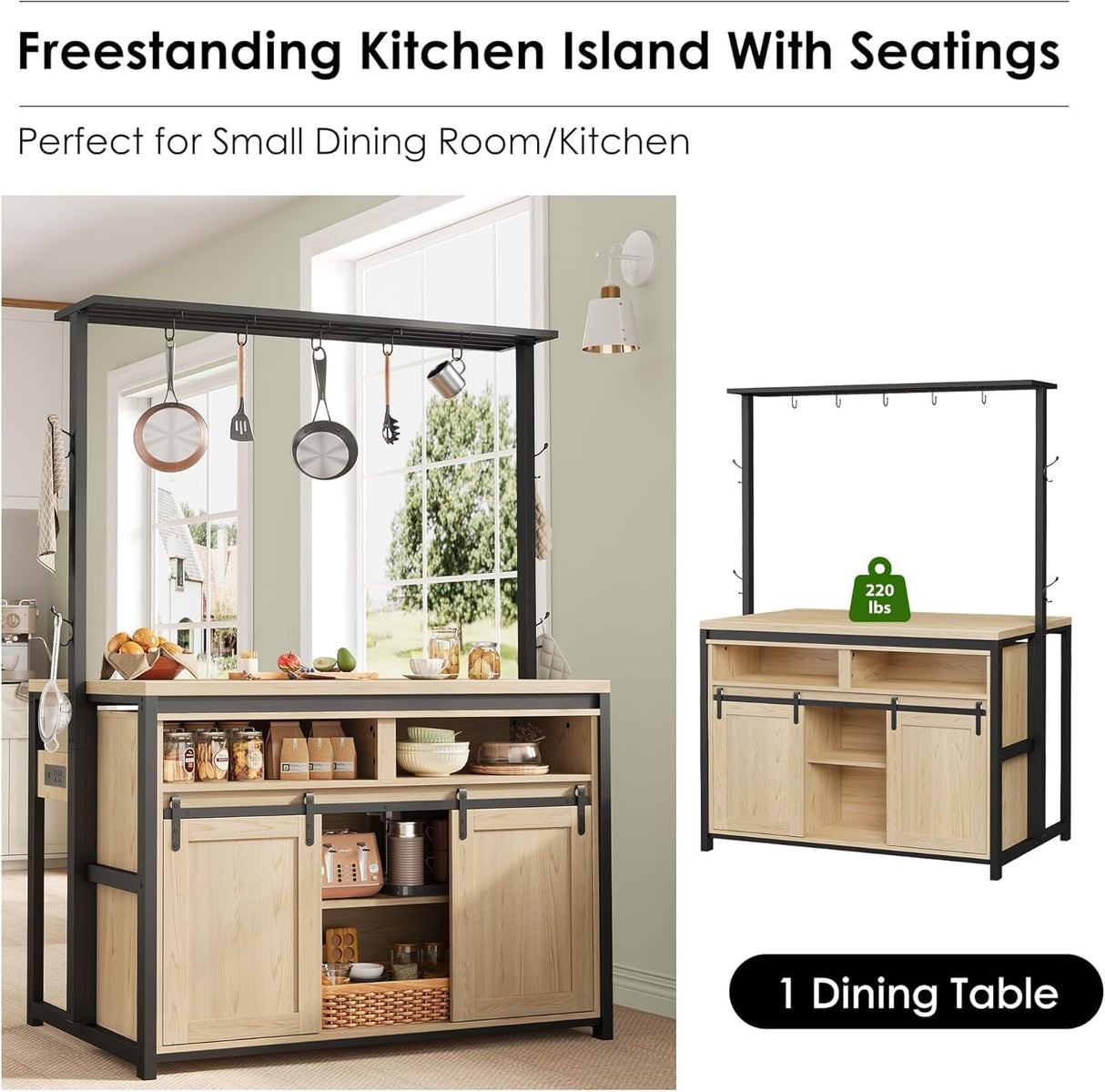 ELETHEBIA Wooden Island Table for Kitchen with Sliding Barn Door, Heavy Duty Large Coffee Bar Table with 4 Hook, Multi-Functional Bakers Rack, Storage Shelf for Kitchen Dining Room Living Room ELETHEBIA