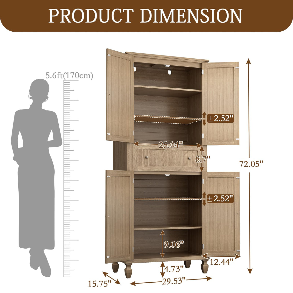 Yeyawomy 72" Tall Pantry Cabinet,Rattan Pantry Storage Cabinet,Large Kitchen Cabinet with Doors&Drawers,Freestanding Cupboard with Adjustable Shelves for Dining Room Yeyawomy