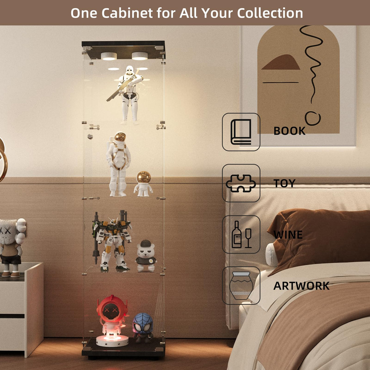 Beauty4U Glass Display Cabinet with Light, 4 Shelves, Curio Cabinets for Living Room, Bedroom, Office, Black Floor Standing Glass Bookshelf, Quick Installation Beauty4U