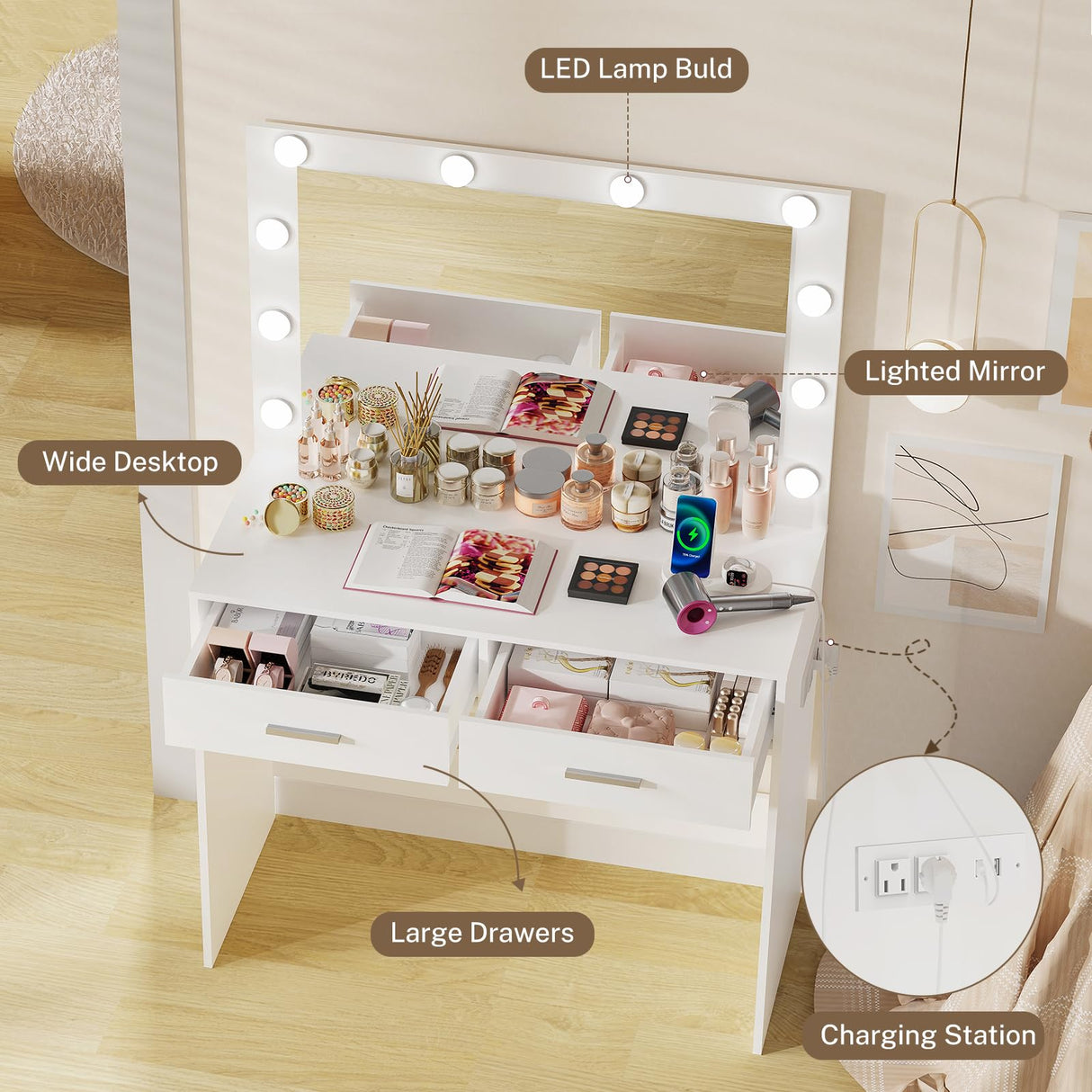 FIONESO Vanity Desk with Large Mirror, Makeup Vanity Table with Power Strip, 10 Lights & 2 Drawers, Dressing Table Set with 3 Lighting Color Adjustable for Women and Girls, Bedroom, White FIONESO