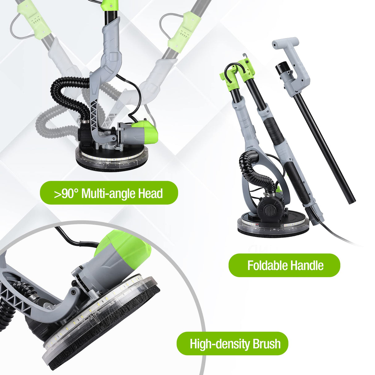 WORKPRO Drywall Sander, 720W Electric Sander with 12Pcs Sanding Discs, 7 Variable Speed 1100-1850 RPM Wall Sander with Extendable Handle, LED Light, Floor and Popcorn Ceiling Removal Tool WORKPRO