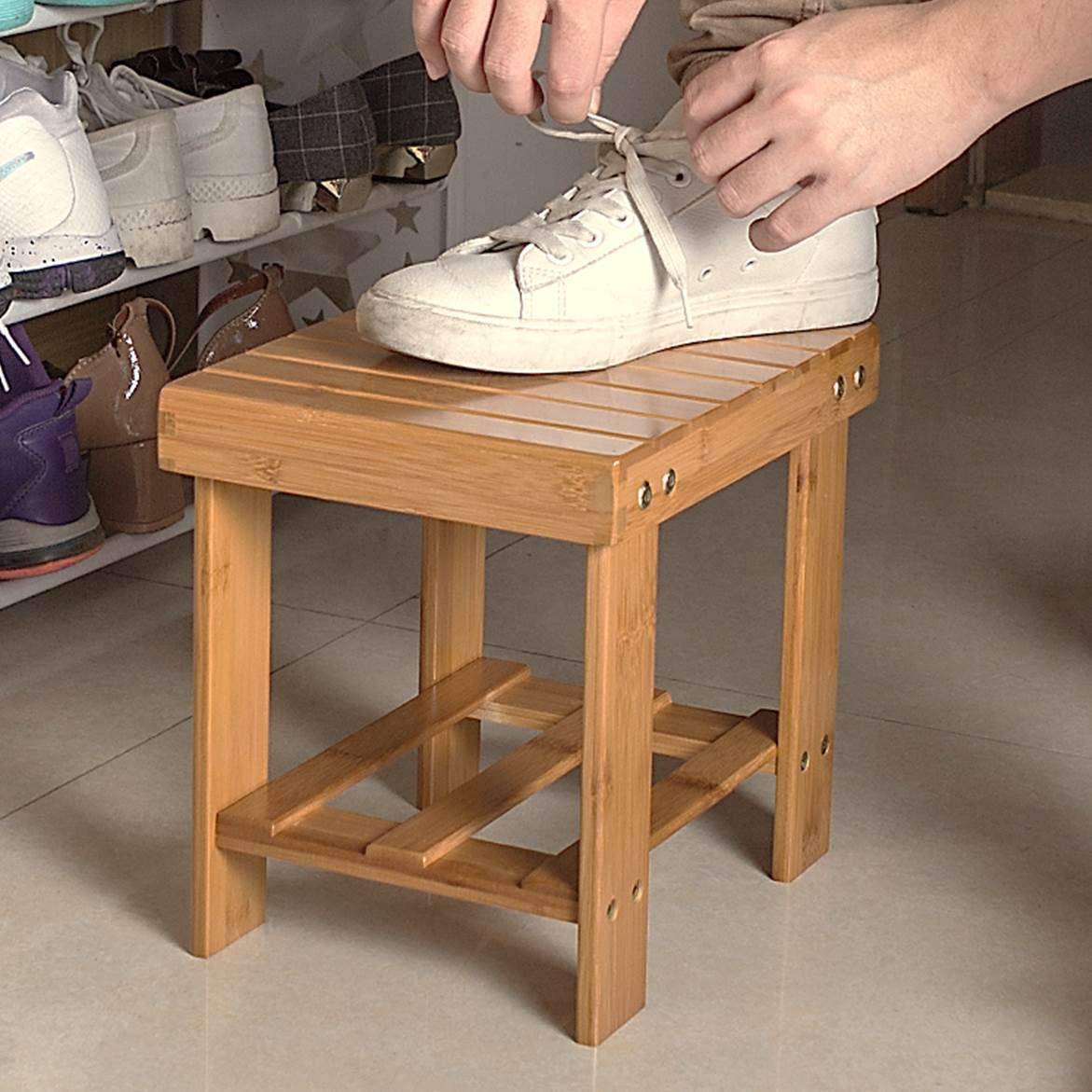 ASelected Bamboo Shower Stool Small 13 Inch Wood Shower Bench Waterproof Wooden Foot Stool with Storage Shelf for Small Spaces Bathroom Bedside Inside Shower Entryway Shoe Spa Bench ASelected