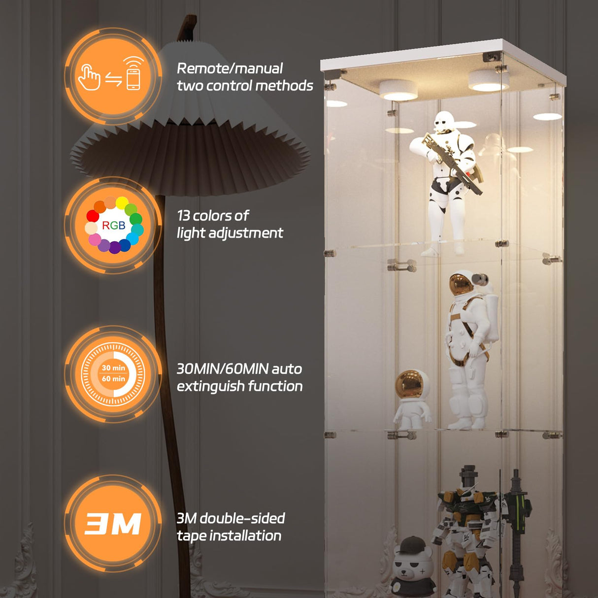 LFT HUIMEI2Y Glass Display Cabinet with LED Lights and Lock, 4-Shelf Curio Cabinets with Door, Tempered Glass Collection Display Showcase for Bedroom, Living Room 65”x 17”x 14.5” White LFT HUIMEI2Y