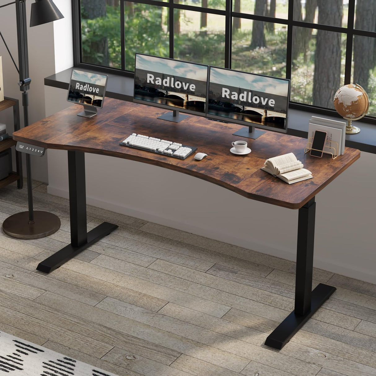 Radlove Dual Motors Height Adjustable 63 x 30 Electric Standing Desk with Curved Design Stand Up Table 4 Memory Keys, Computer Desk with Splice Board Home Office Desk, Brown Top + Black Frame Radlove