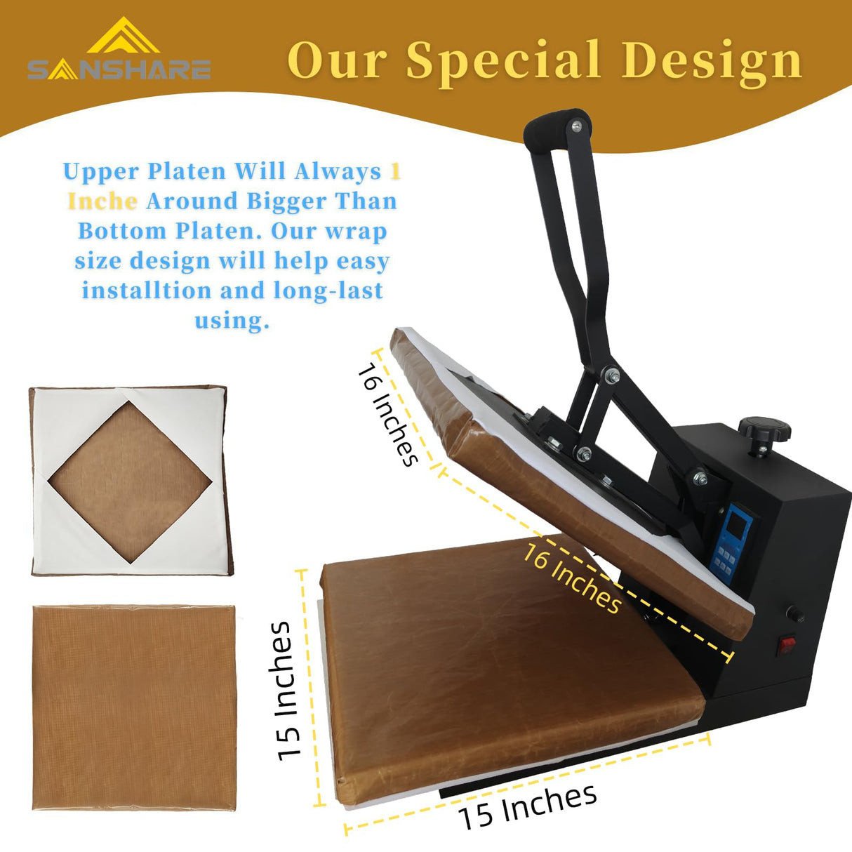 SANSHARE 2 Pcs Reusable Teflon Heat Press Platen Covers 15x15 Inch for Heat Press Machine Platen Wrap - Protector for Sublimation - Heat Resistant, Ink Resistant SANSHARE