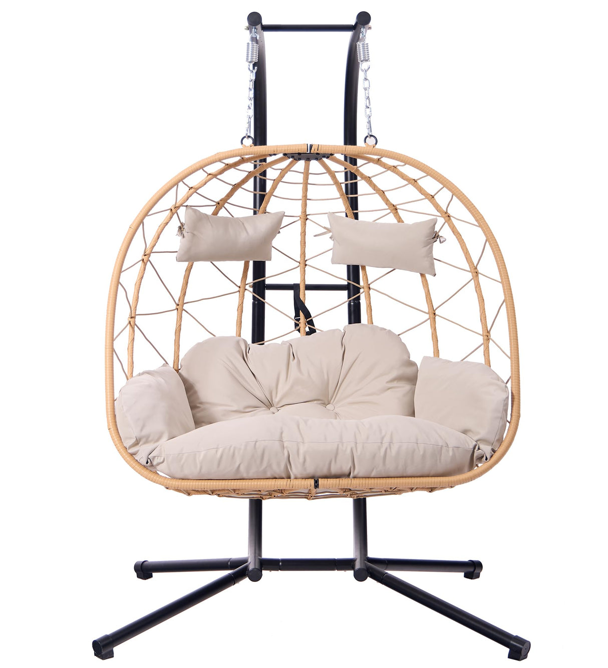 Double Hanging Egg Chair with Stand - Indoor/Outdoor Hammock Chair & Hanging Egg Chair | Rattan Wicker, UV Resistant Cushion & Pillow, 550LBS Capacity for Bedroom, Patio, Balcony, Garden Topfuca