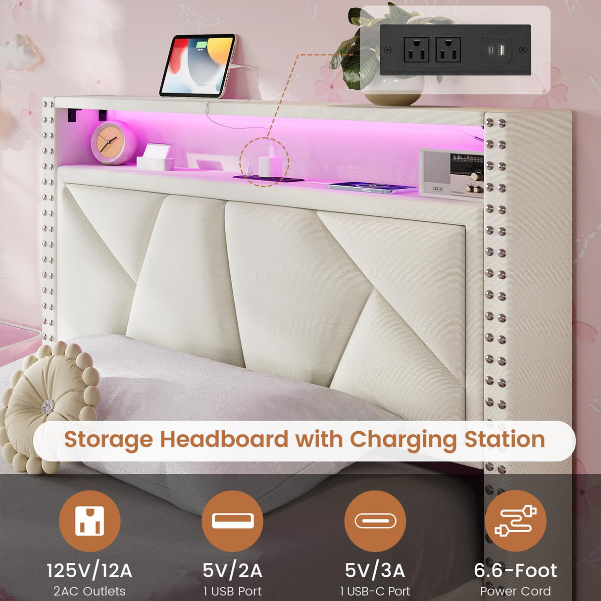 VIAGDO White Twin Bed Frames with LED Lights, Upholstered Platform Bed Frame Twin Size with Storage Headboard and Charging Station, LED Twin Bed Frame, No Box Spring Needed VIAGDO