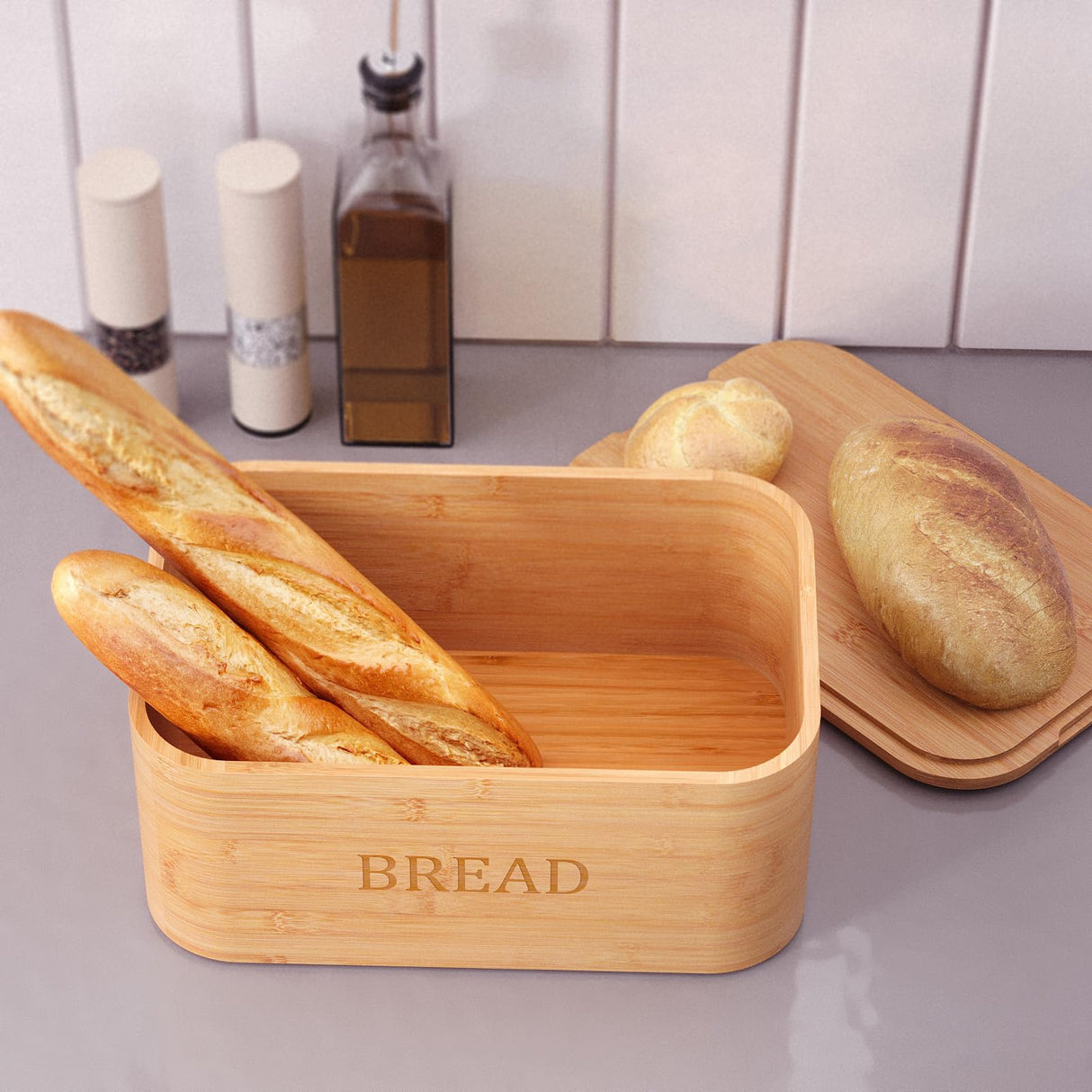 Danfoxer Bamboo Bread Box for Kitchen Countertop,Curved Bamboo Bread Boxes with Cutting Board Lid, Wooden Bread Storage, Bread Container Airtight, Food Storage for Kitchen Counter(Natural) Danfoxer