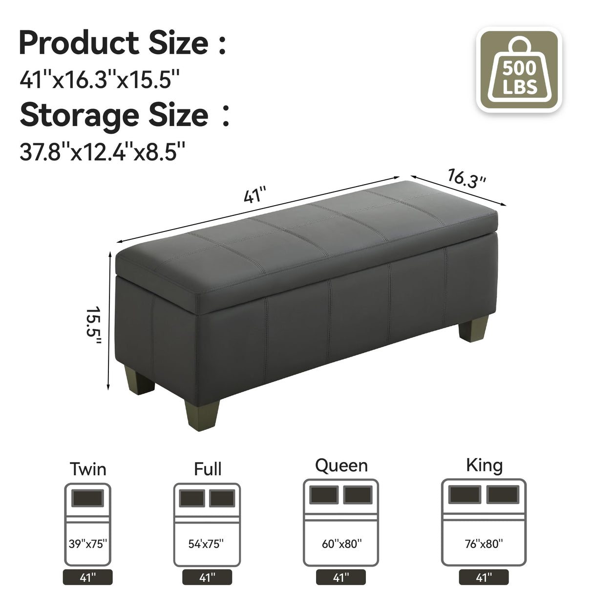 WUTUTUEE 41" Faux Leather Storage Ottoman, Stitch Tufted Rectangle Upholstered End of Bed Storage Bench, Entryway Large Couch Ottoman with Wooden Legs,Dark Grey WUTUTUEE