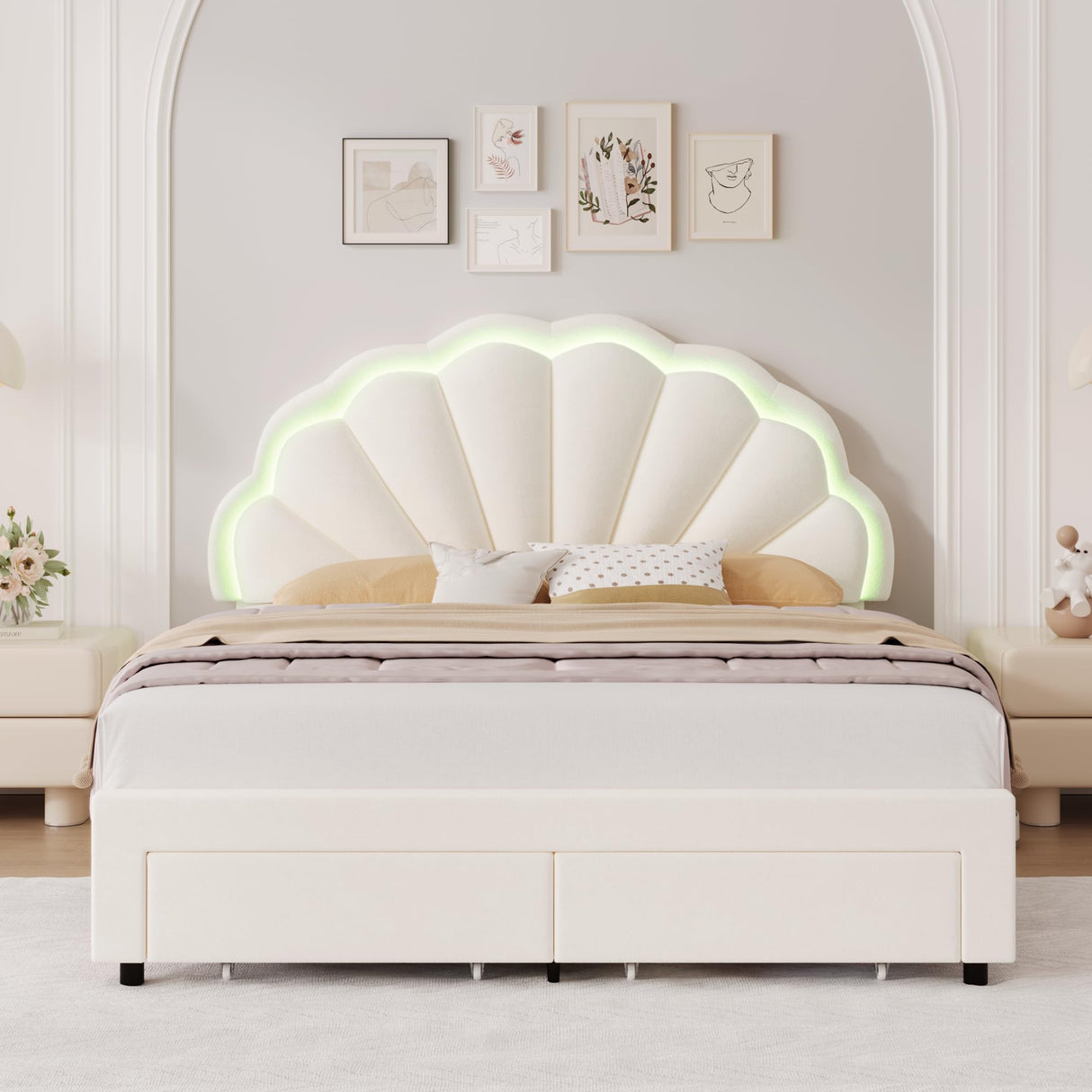 HIFIT Queen Smart LED Upholstered Bed Frame with Storage Drawers & Adjustable Velvet Headboard, Beige HIFIT