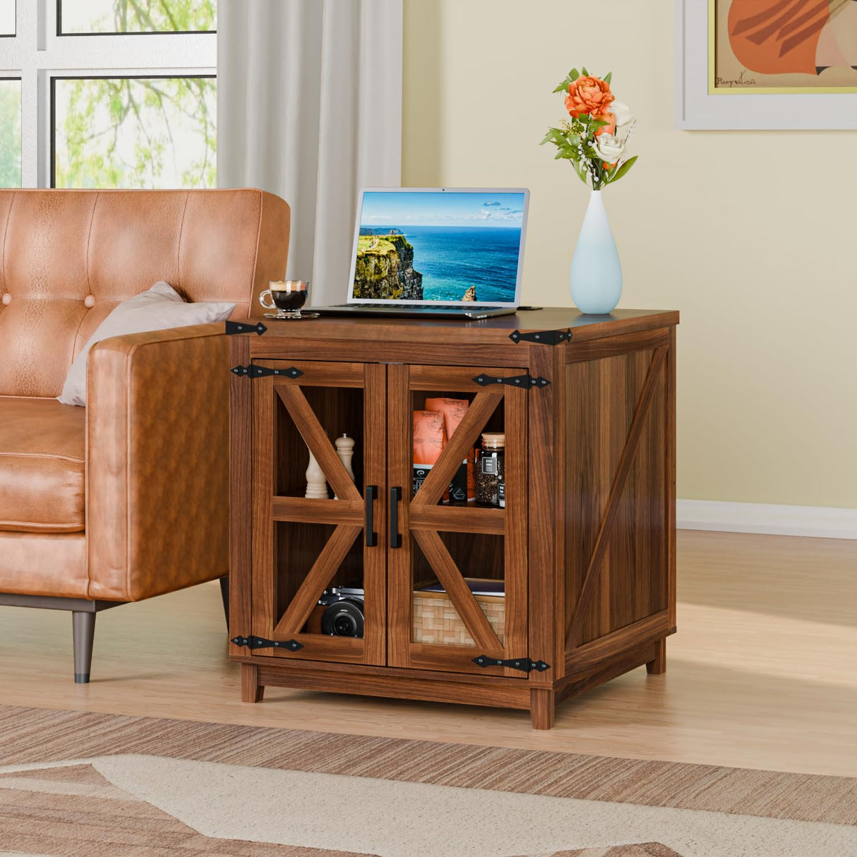 VITESSE Farmhouse End Table, 24" Large Wood Square Nightstand with Doors, Sofa Side Table with Charging Station Modern Nightstand Storage Cabinet for Living Room, Bedroom, Entryway (Brown) VITESSE