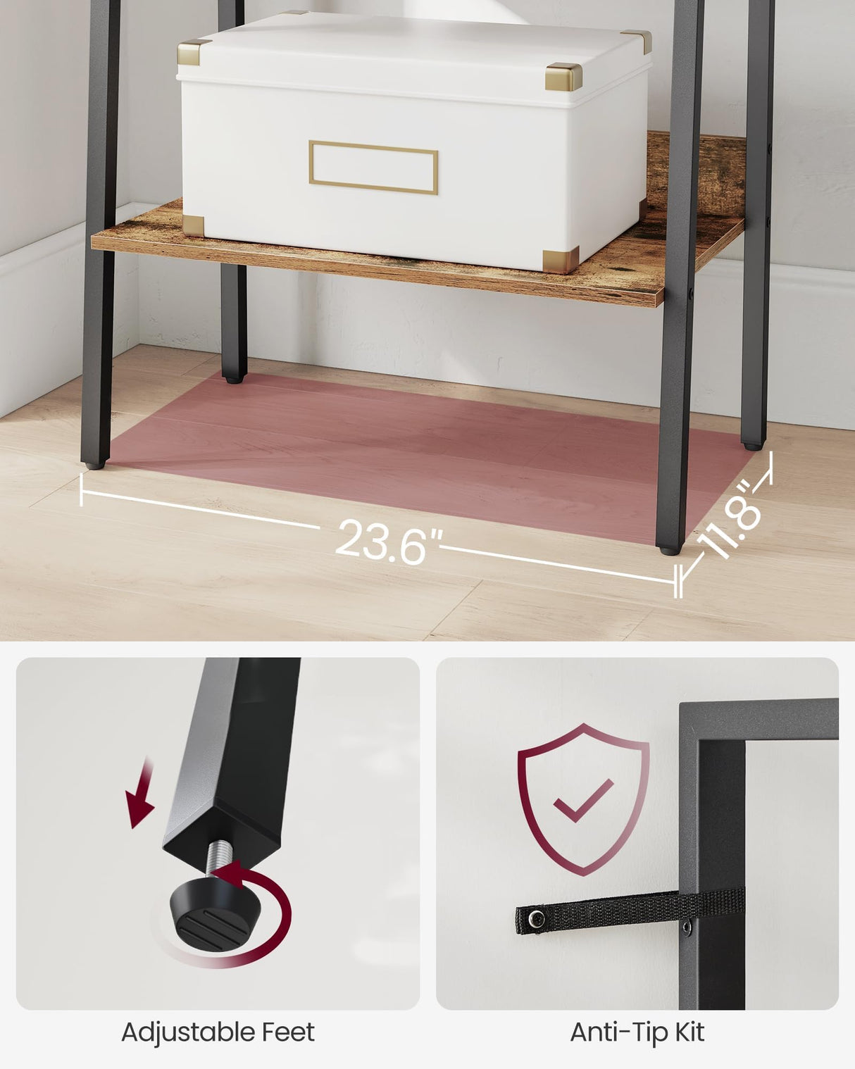 VASAGLE Bookshelf, 5-Tier Narrow Bookcase, Ladder Shelf for Home Office, Living Room, Bedroom, Kitchen, Rustic Brown and Ink Black ULLS067B01 VASAGLE