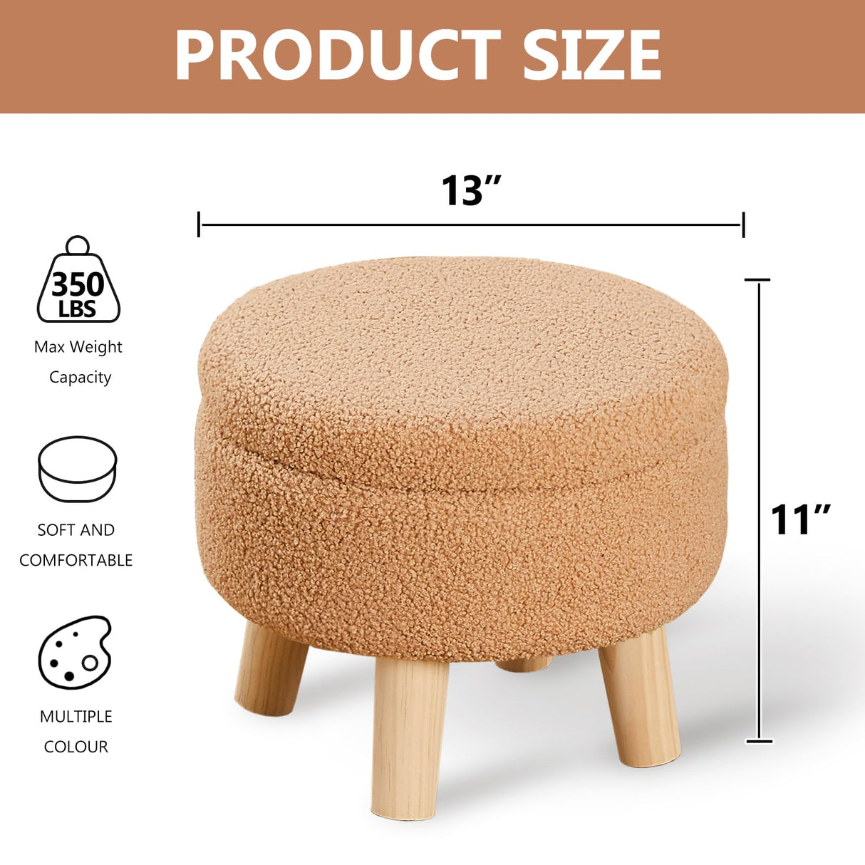 Wimarsbon Storage Ottoman, Modern Round Footrest with Soft Padded Seat, Teddy Velvet Footstool with Wood Legs, Accent Small Table or Plant Stand for Hallway, Living Room (Champagne) Wimarsbon