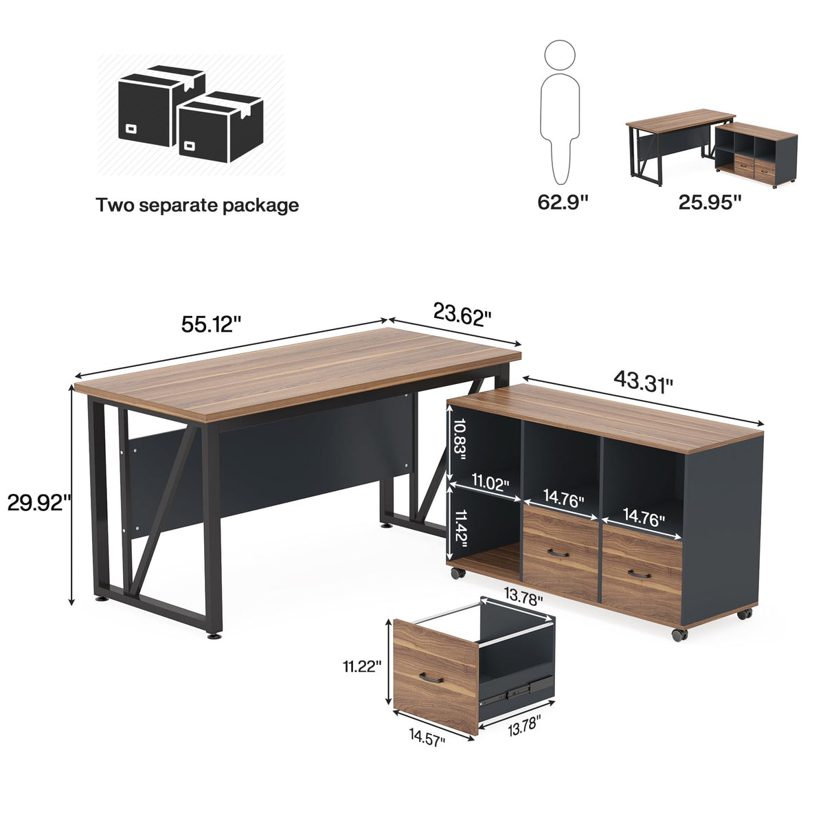 Tribesigns 55-Inch Executive Computer Desk with 43-Inch Lateral File Cabinet, Large Workstation Business Furniture, L Shaped Desk with Drawers and Storage Shelves for Home Office, Walnut Tribesigns