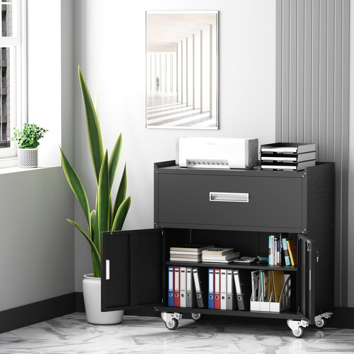 LCAOPC Metal Garage Storage Cabinet with Wheels, Lockable Rolling Tool Chest with Wheels, Tool Cabinet on Wheels, Metal Rolling Utility Cabinet for Home, Office, Garage and Workshop, Black LCAOPC