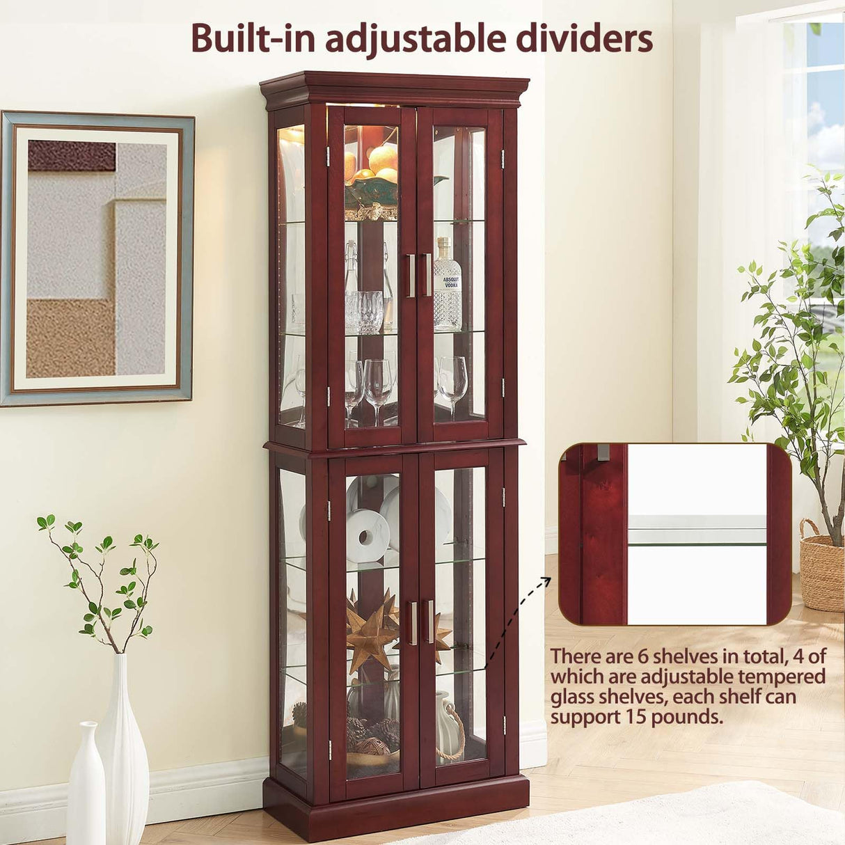 Curio Cabinet Wooden Display Cabinet,Curio Cabinet with Adjustable Glass Shelves Vintage, Lighted Curio Diapaly Cabinet,Vintage Accent Storage Cabinet with 6 Shelves,70" Curio Cabinet(Cherry) Firscook