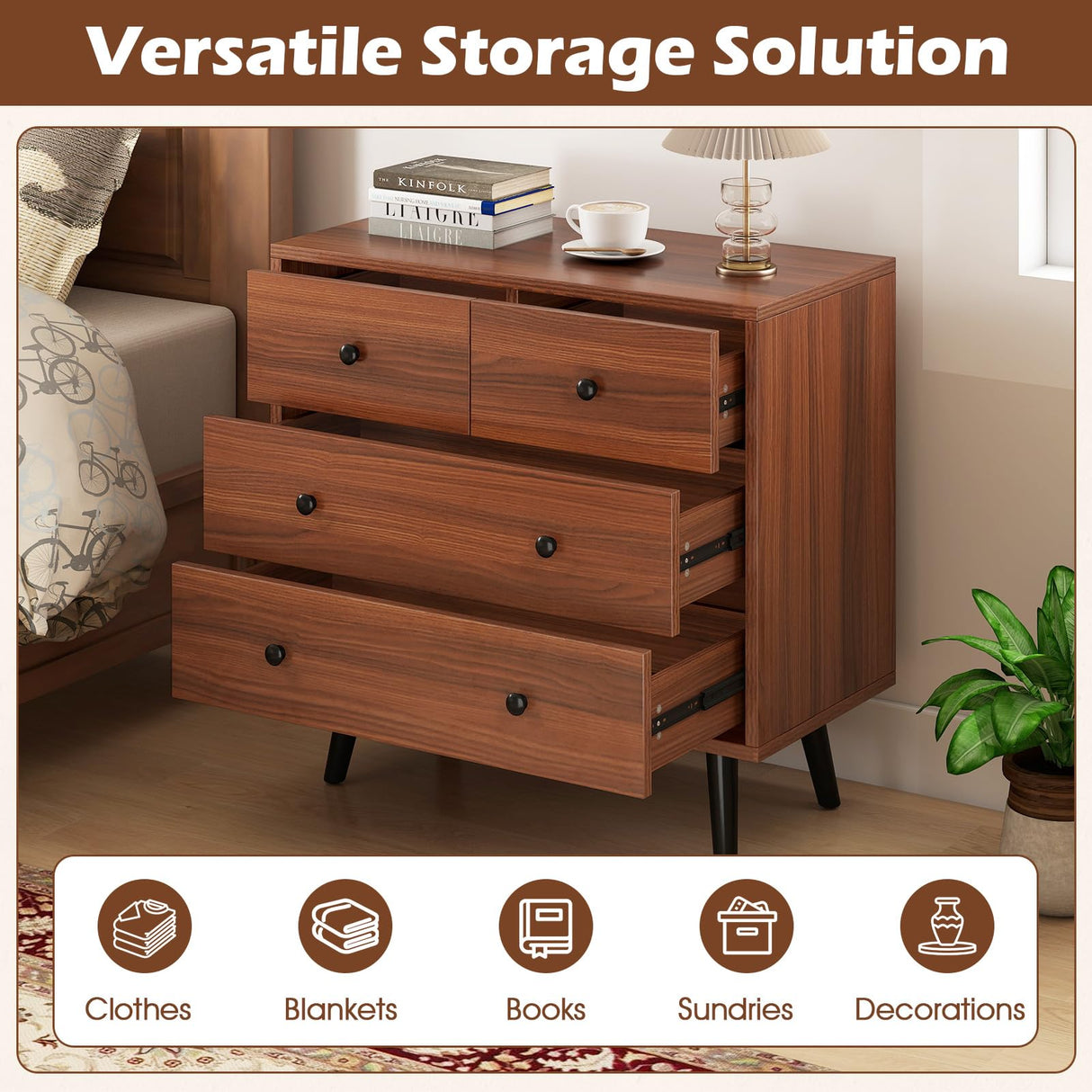 GOFLAME 4 Drawer Dresser for Bedroom, Modern Chest of Drawers, Wood Storage Dresser Organizer for Closet, Living Room, Hallway, Entryway, Walnut GOFLAME