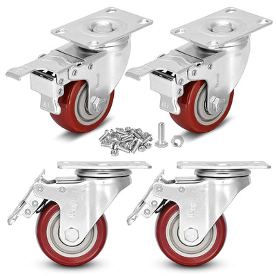 3 inch Heavy Duty Casters Load 1500lbs,Lockable Bearing Caster Wheels with Brakes,Swivel Casters for Furniture and Workbench,Set of 4 (Free Screws)