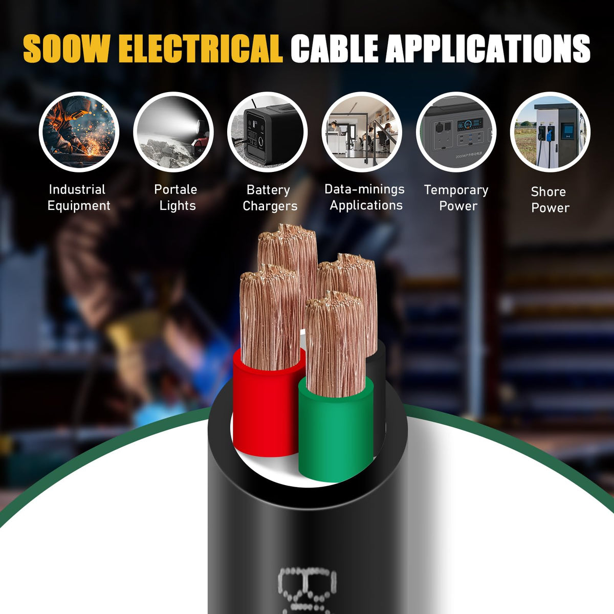 50ft 10/4 10 AWG Portable Power Cable (4 Conductor) - SOOW 600V 10 Gauge Electric Wire for Generator, Portable Lights, RV/EV Car Battery Chargers and Machinery - 50 Feet Electrical Cord Bghdas