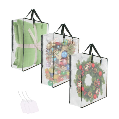 3 Pack Clear Bags with Zipper and Handles, Halloween Christmas Wreath Storage, Gift Bag Organizer, Moving Boxes Alternative, Under the Bed Storage