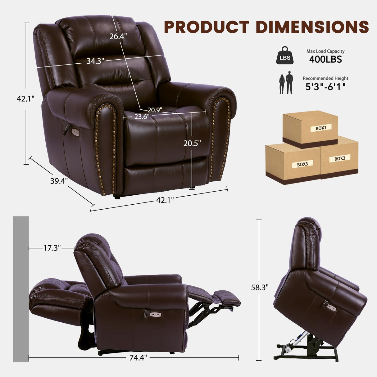 EONIX Classic Dual Motor Power Lift Recliner Chair for Elderly, 400lbs Heavy Duty Breathable Faux Leather Recliner with Heat and Massage, Lay Flat Lift Chair Recliner for Adults, SLRY005, Dark Brown EONIX