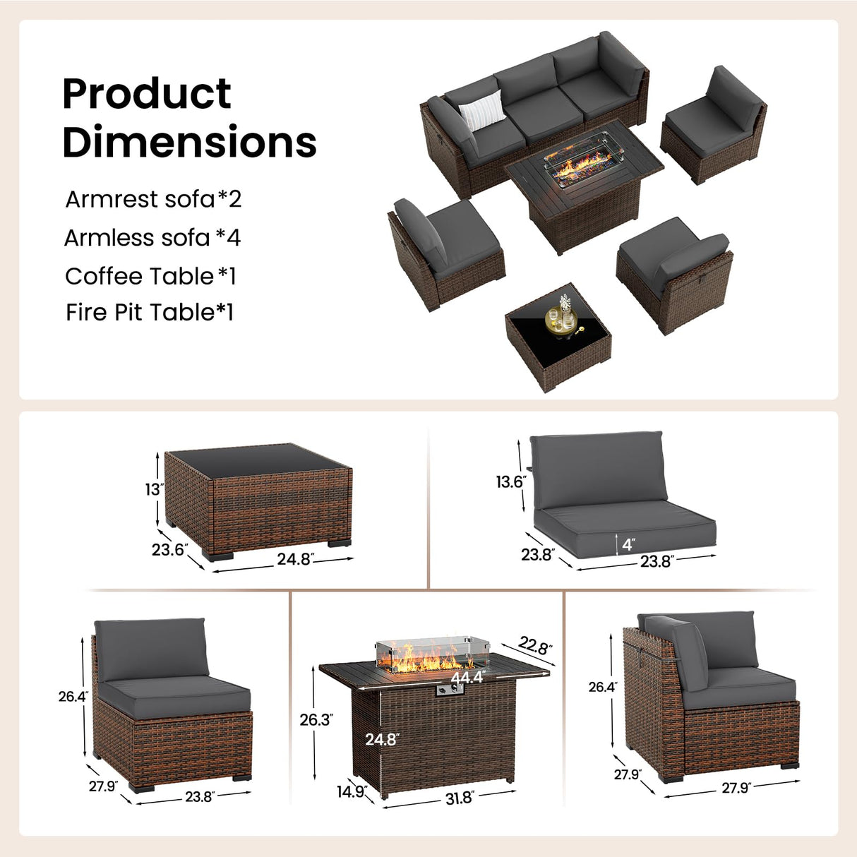 Amopatio 8-Piece Outdoor Patio Furniture Set with 44" Fire Pit Table, Modern Rattan Sectional Couch with Tempered Glass Coffee Table, Thickened Cushions and Include Waterproof Cover (Dark Grey) Amopatio