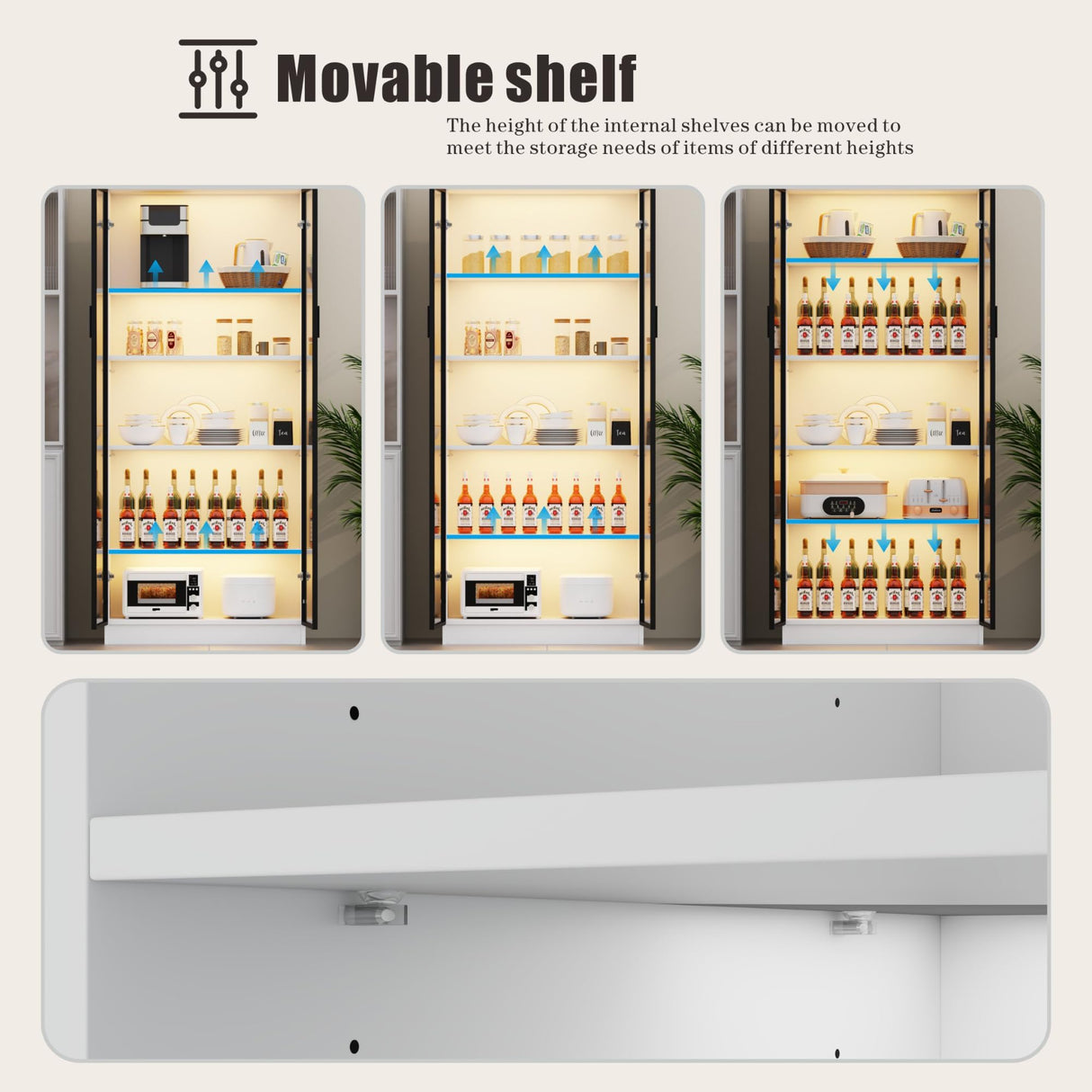 Storage Cabinet with Doors Adjustable Shelves - 65" White Tall Kitchen Pantry Organizer with Metal Handle/LED Lights/Human Sensor - 5 Tier Display Bookcase for Bedroom Living Room Office Dystler