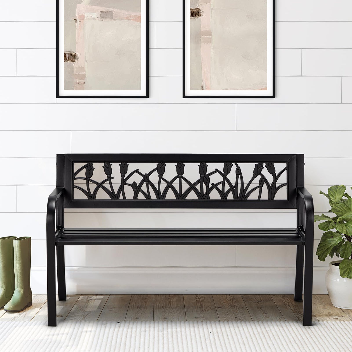 AVAWING Outdoor Bench, 2-Person Garden Benches for Outside, Metal Frame Patio Seating with Floral Pattern Backrest, Armrests for Lawn, Park, Porch, Entryway, Black AVAWING