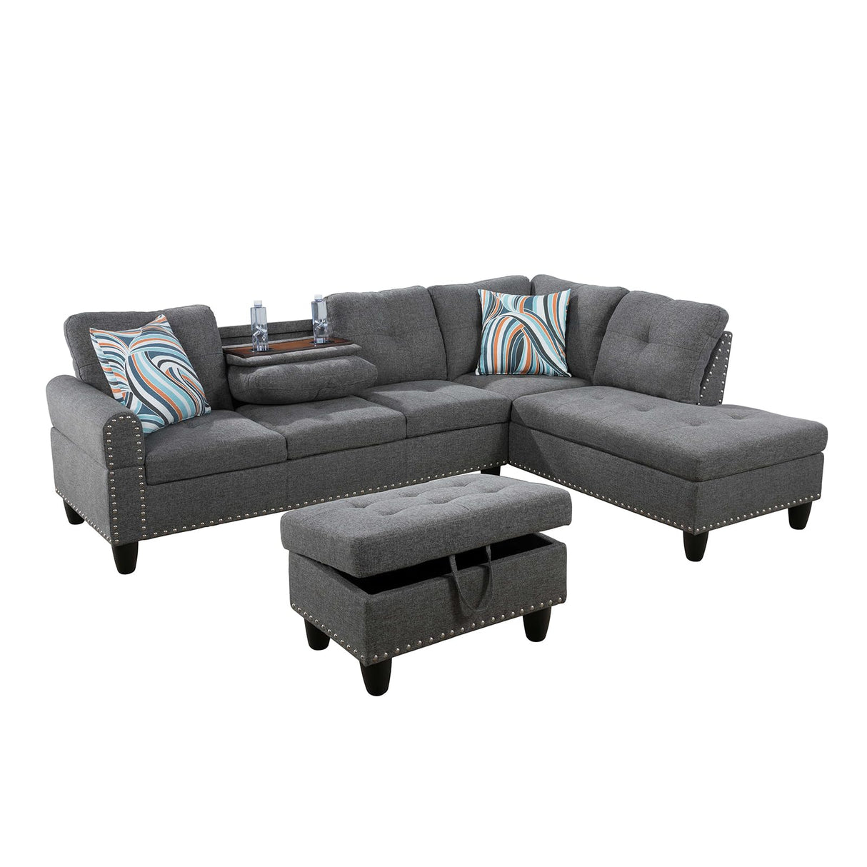GlasFlength L Shaped Sofa with Ottoman Modern Sectional Couches for Living Room, Bedroom, Office, Grey-Belt Cup Holder GlasFlength