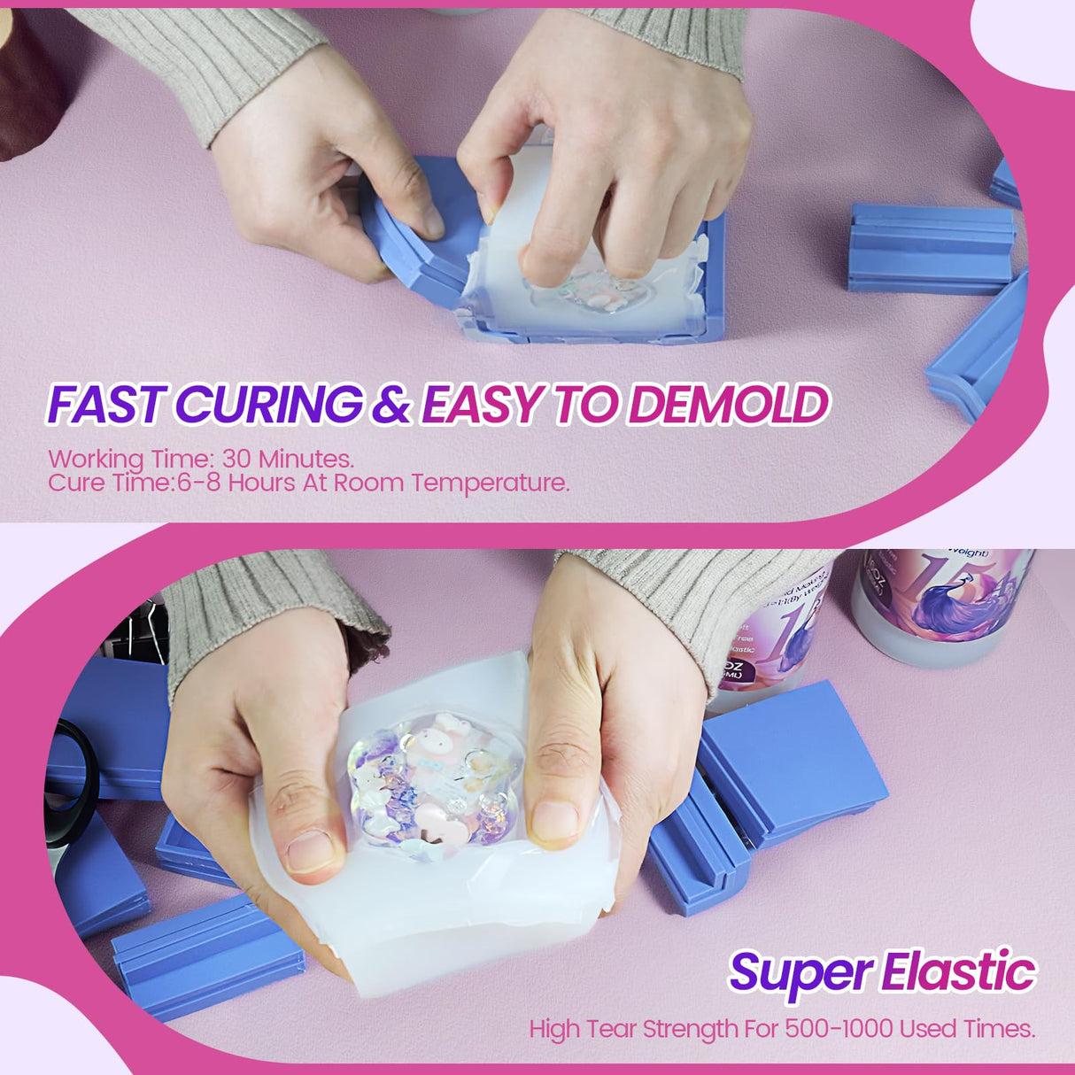 Vivresina Silicone Mold Making Kit 34 OZ with Mold Housing, 15A Super Elastic Liquid Platinum Rubber Translucent Clear for Fidget Pad Resin Molds Silicone Molds Vivresina