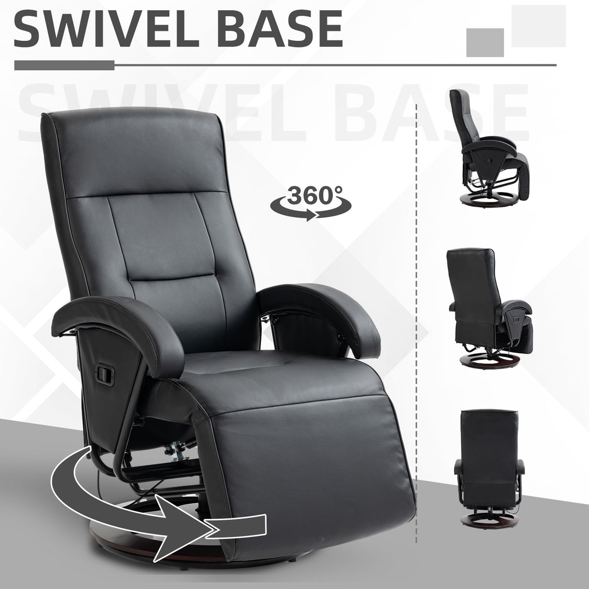 HOMCOM PU Recliner with Footrest, Lounge Chair with 135° Adjustable Backrest, Swivel Wood Base, Padded Seat & Armrests for Living Room, Black HOMCOM