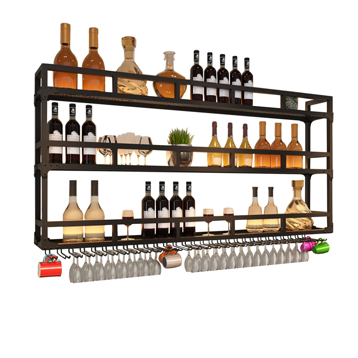 Wall Wine Rack Floating Bar Shelves Wall Mounted with LED Light Liquor Bottle Display Shelf with Hanging Wine Glass Rack Kitchen Wall Shelf Liquor Cabinet Bar Stand for Home Bar Cafe Restaurant(Black, WXZXWXZX