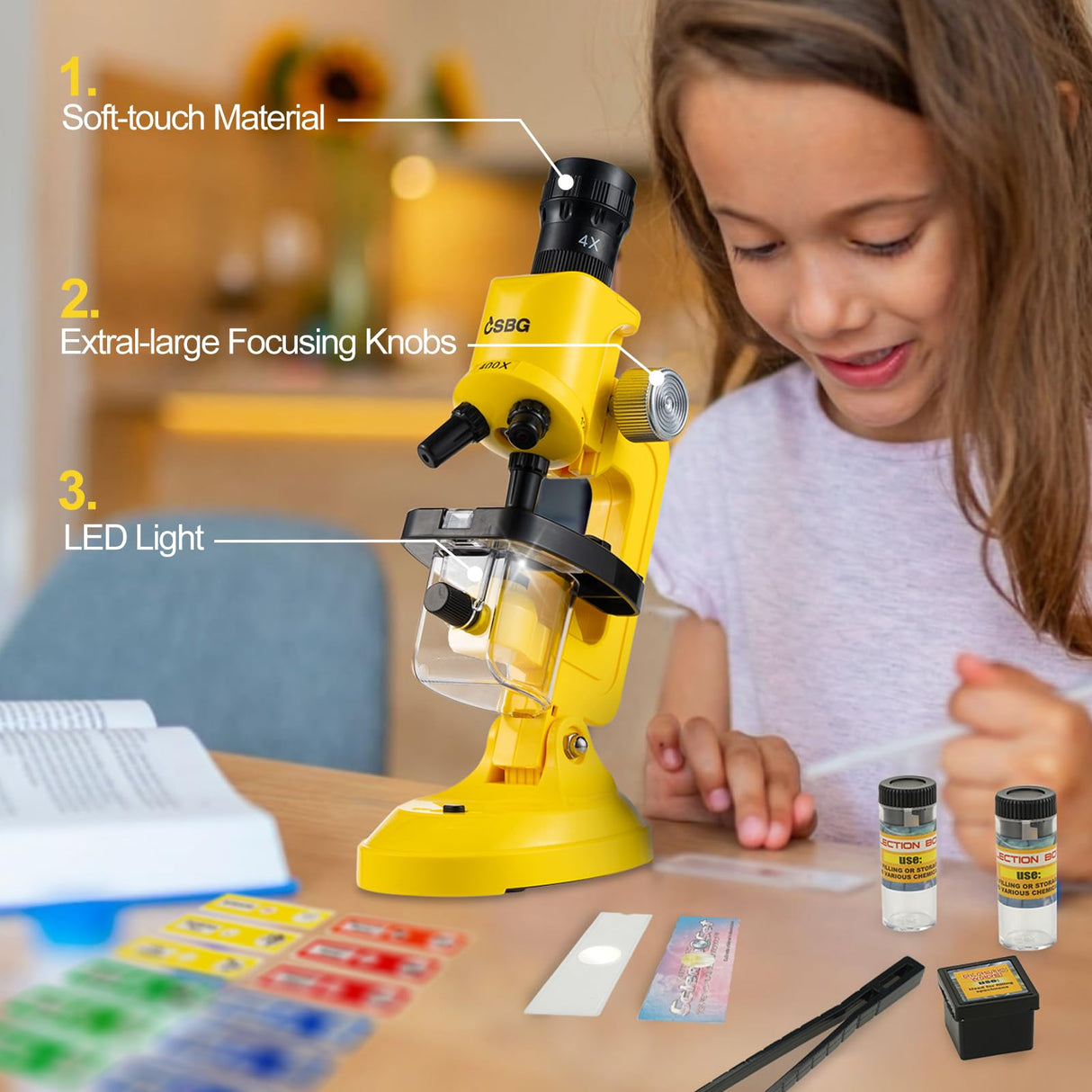 Science Kits for Kids Beginner Microscope with LED 100X 400X and 1200X-Include Sample Prepared Slides 12pc- Educational Toy Birthday Gift Yellow Little World