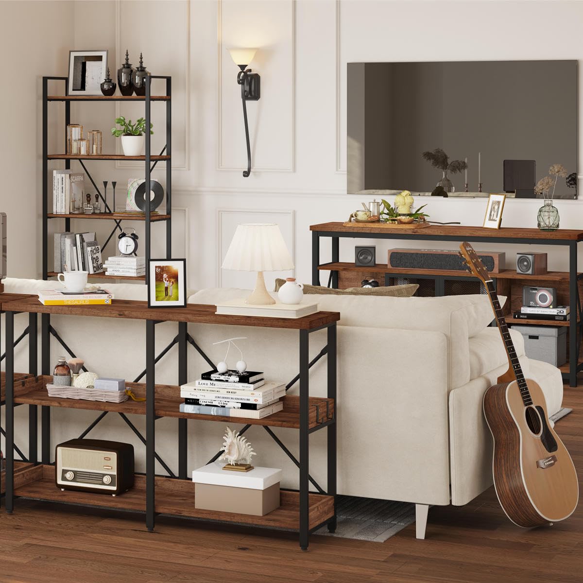 BON AUGURE Rustic Oak 3-Tier Console Table with Shelves - Versatile Entryway and Sofa Table for Living Room BON AUGURE